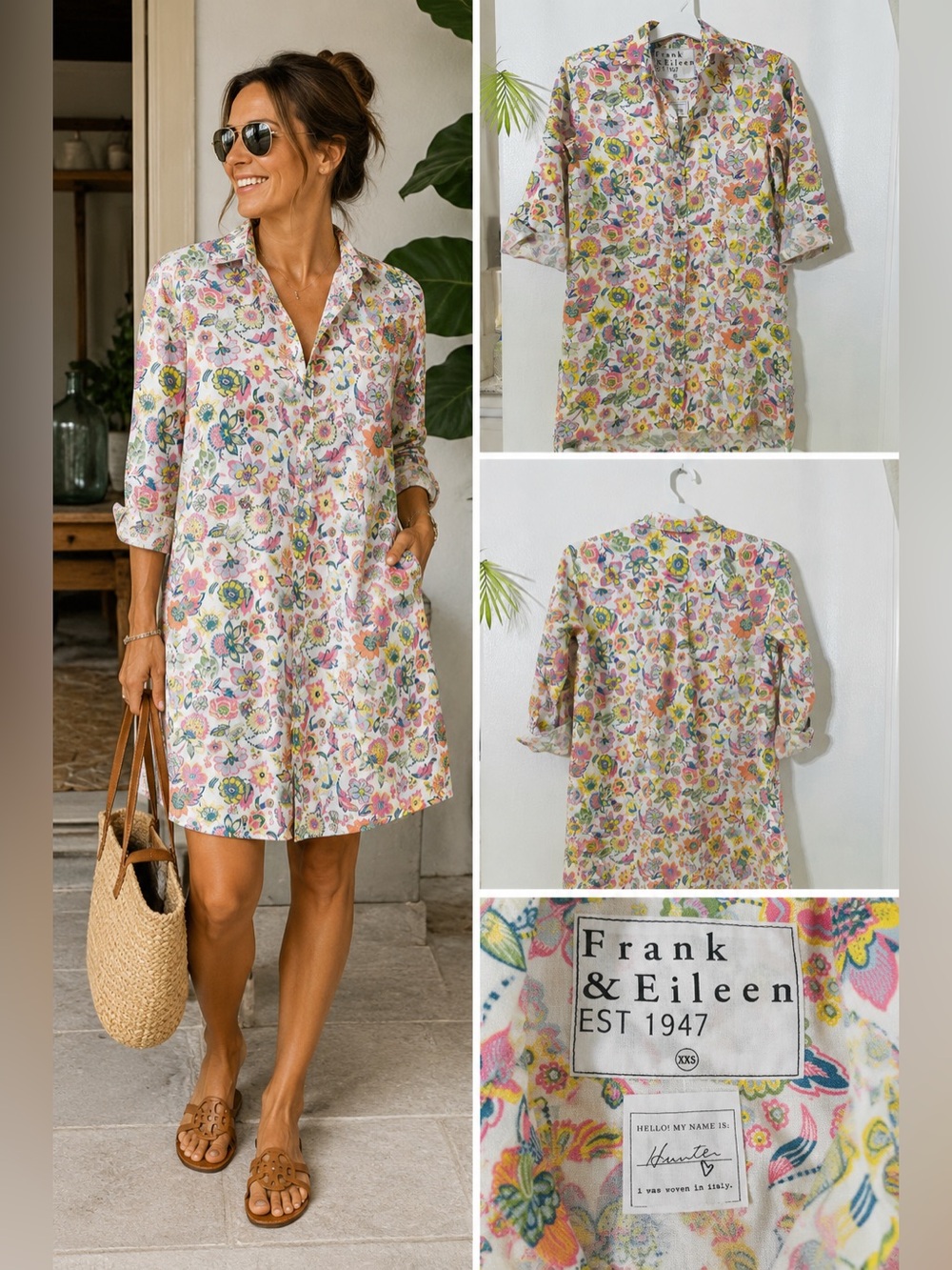 Frank and Eileen Floral Linen Hunter Step Hem Shirtdress Size XXS